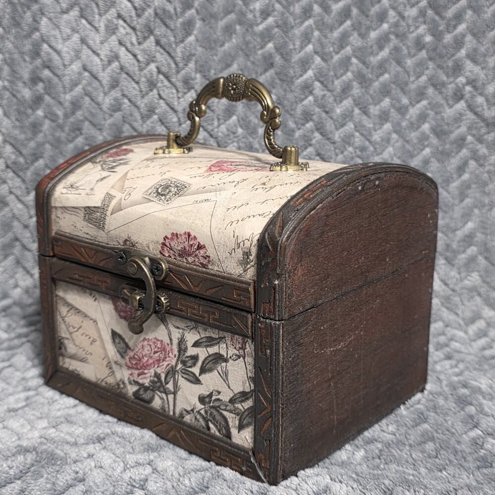 Vintage decorative treasure chest style storage box featuring floral postcard